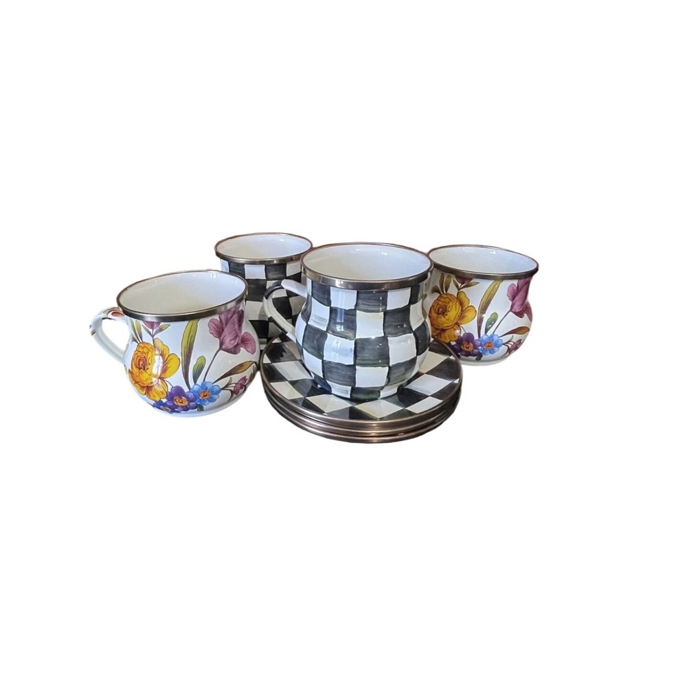 MacKenzie-Childs Flower Market & Courtly Check Enamel Mug and Saucer Set 8pc
